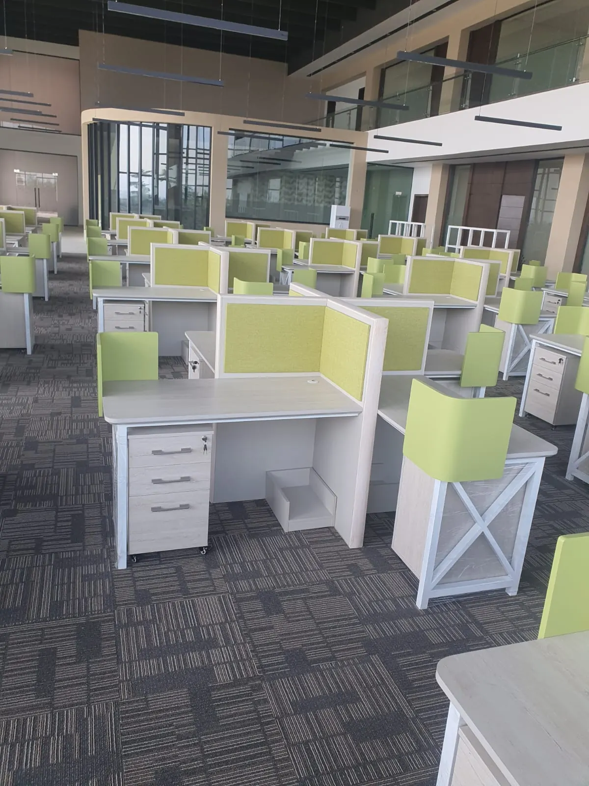 Rows of office workstations